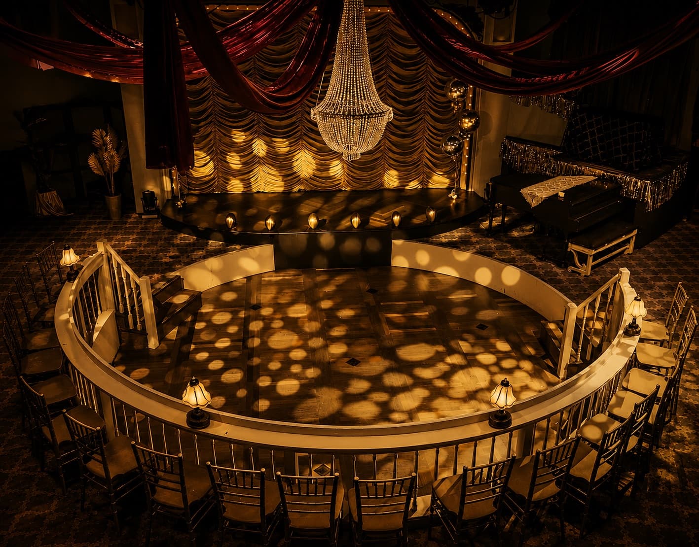Inside the Palace Theater — a chandelier above the circular dance floor, set for the gala